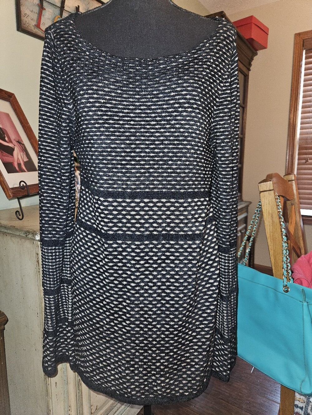 White House Black Market Black & Ecru Striped Knit Tunic Shirt/ Dress